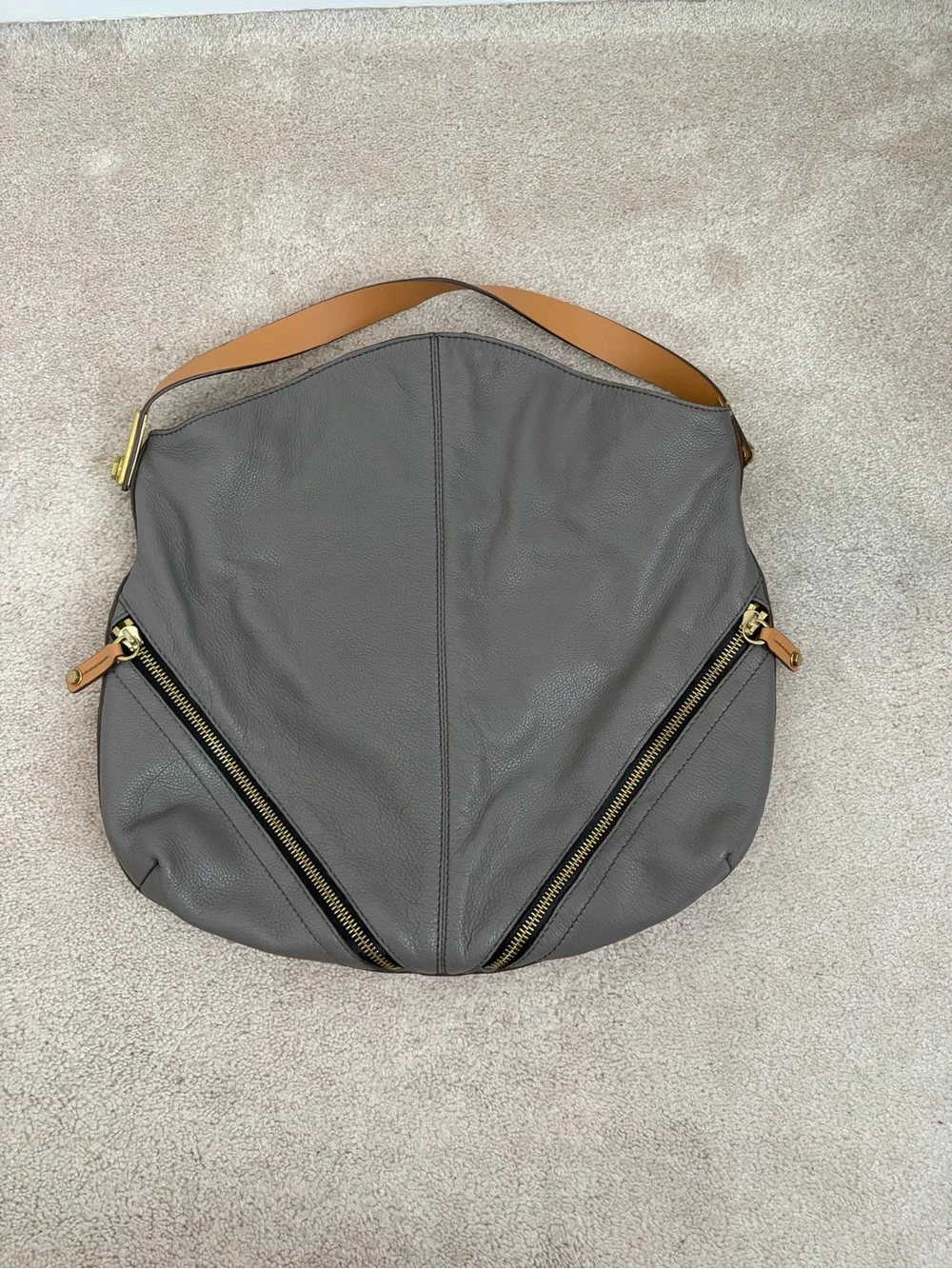 Taupe Leather Shoulder Hobo Bag with Tan Strap